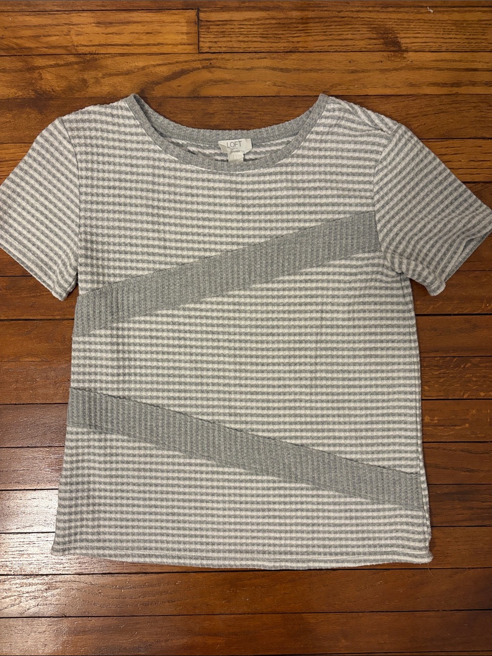 LOFT Gray & White Striped Short Sleeve Knit Top with Diagonal Panels